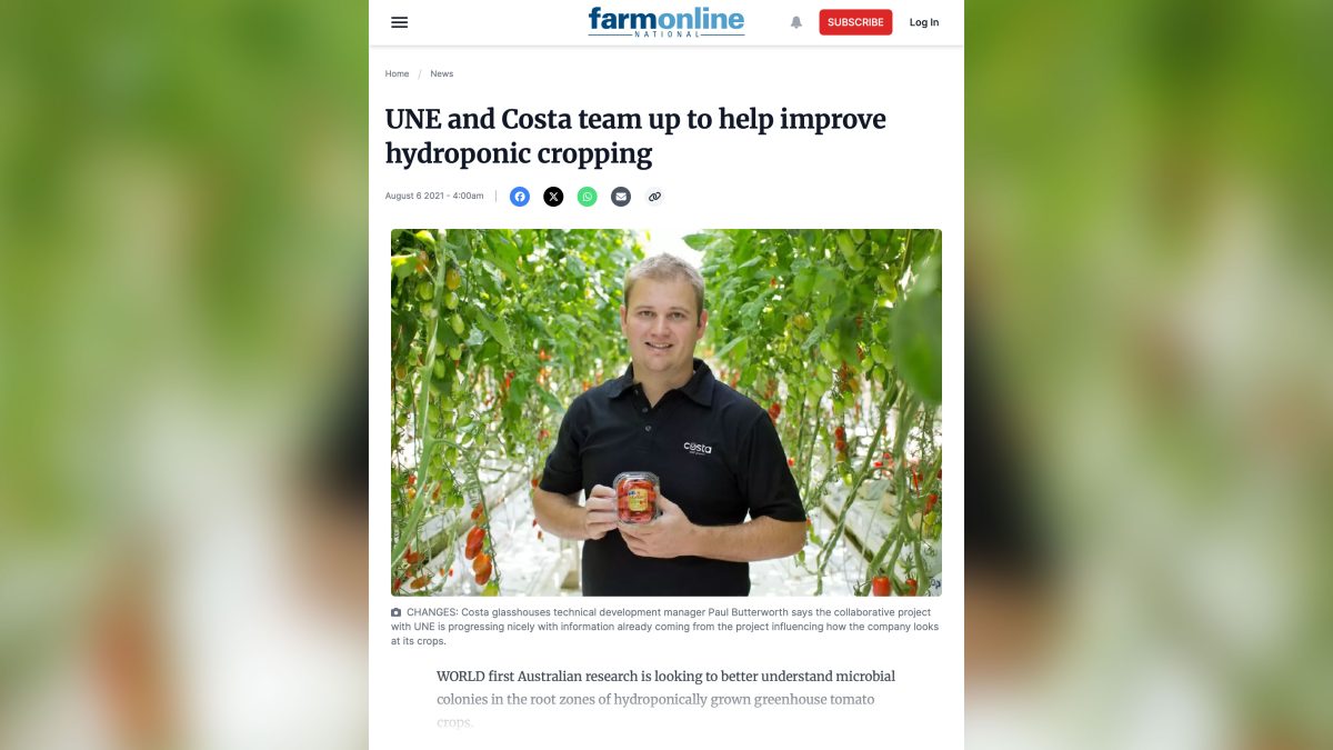 UNE and Costa team up to help improve hydroponic cropping