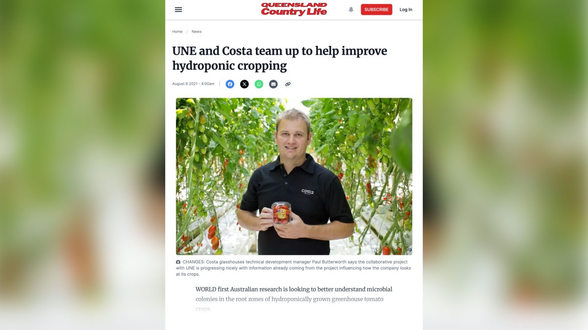 UNE and Costa team up to help improve hydroponic cropping