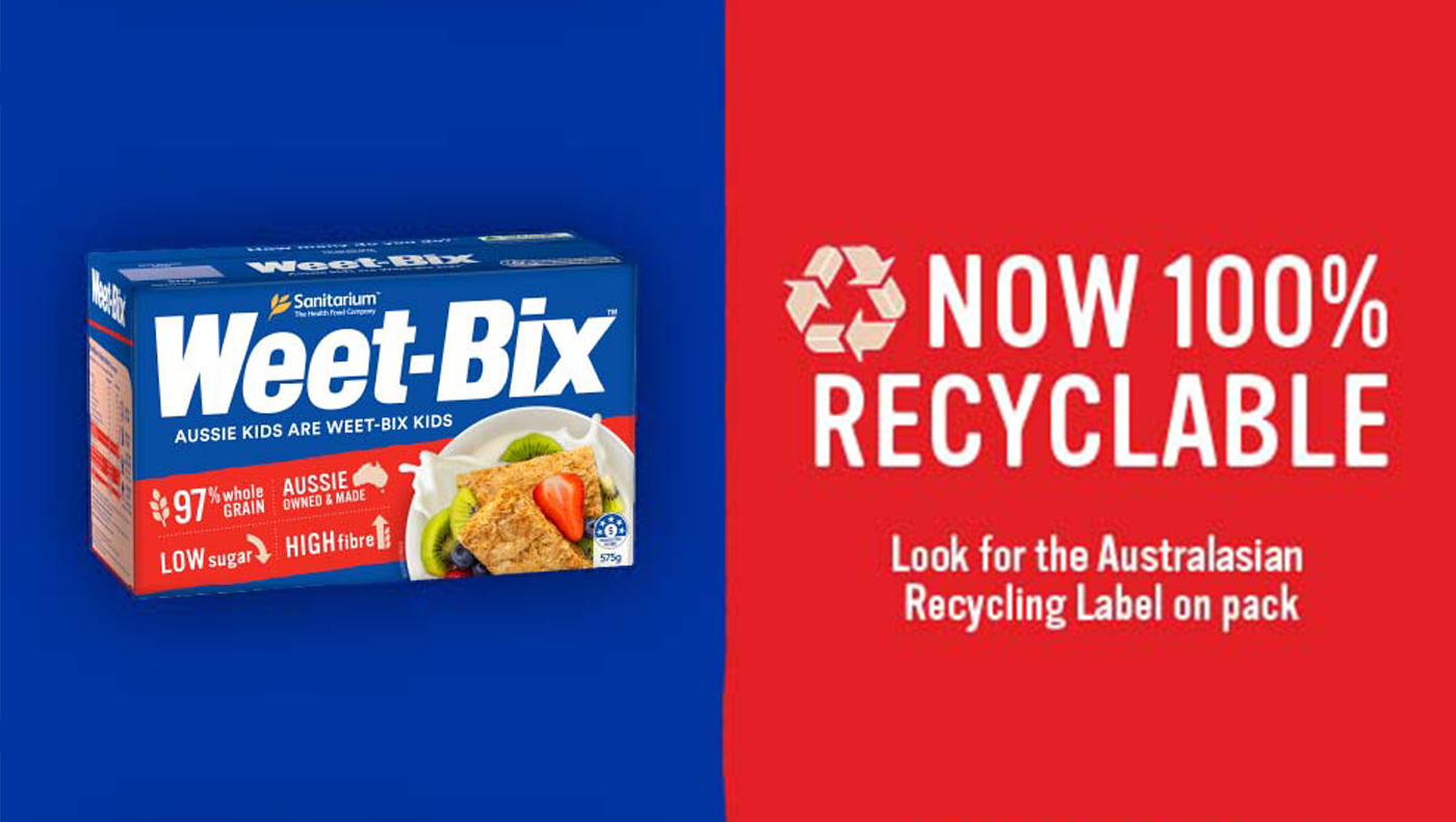 From October 2021, Sanitarium Health Food Company will include the Australasian Recycling Label (ARL) on its Weet-Bix boxes, letting customers know the packaging is now fully recyclable - with the packaging of other Sanitarium products soon to be 100% recyclable, too.