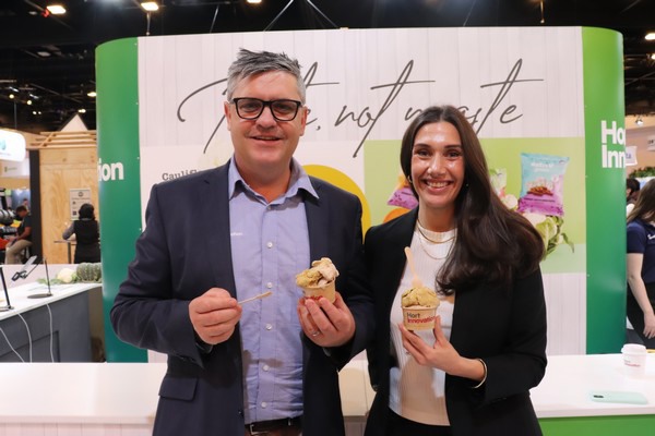 Hort Innovation CEO Brett Fifield and Nutri-V CEO Rachel Said with samples of the new vegie-based gelato at Hort Connections 2023. Credit: Hort Innovation