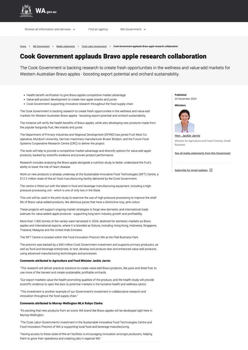 Cook Government applauds Bravo apple research collaboration